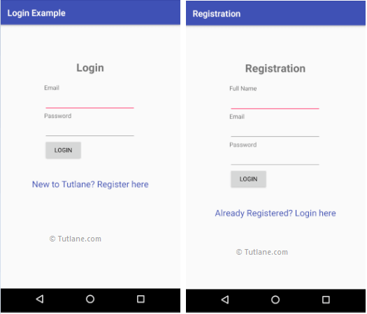 Android Login and Registration Screens Design Sample Example