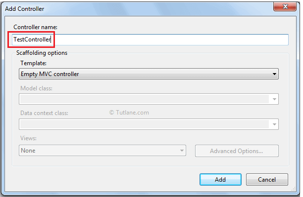 Give name for controller and select scaffolding option and click ok