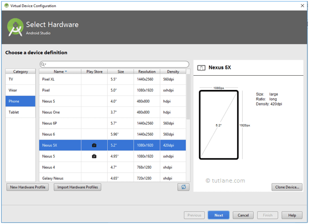 Android Setup Emulator - Choose Device to Setup Android Virtual Device
