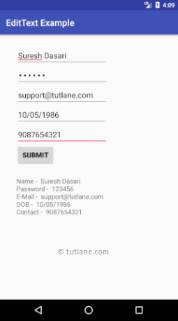 Android EditText Control Example Result