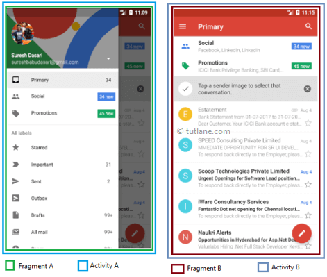 Android Fragments - Gmail App with Fragments in Mobile View