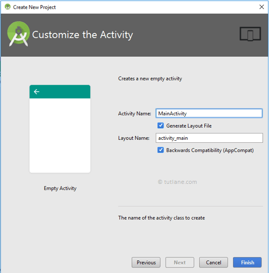 Android Hello World App - Customize Selected Activity to Create New Project