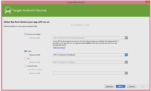 Android Hello World App - Select Wear Target Android Device to Create New Project