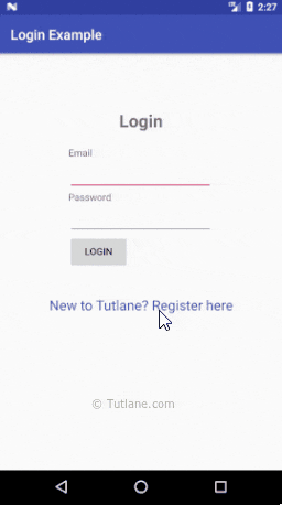 Android Login and Registration Screen Design Example Result