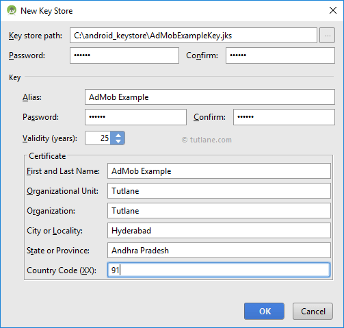 After entering all the details to generate key for android app