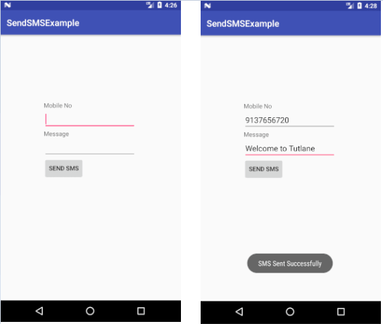 Android Send SMS using SMSManager and Intents Example Result