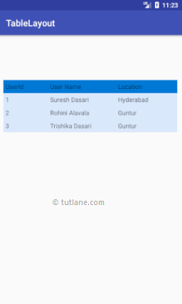 Android TableLayout Example Result