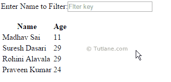 Angularjs filter example to search array list items example output