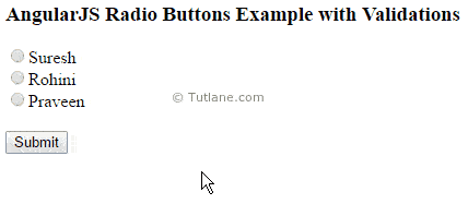 Angularjs radio buttons with validations example output or result