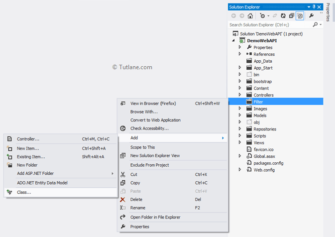 Adding new class file to filter folder in asp.net mvc web api application