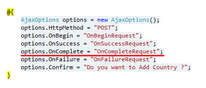 set ajax oncomplete helper method option in asp.net mvc application