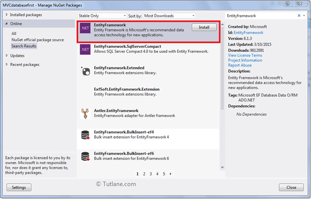 install entity framework in asp.net mvc application