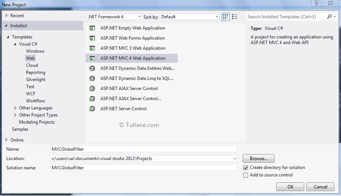 create new asp.net mvc project from visual studio 2012