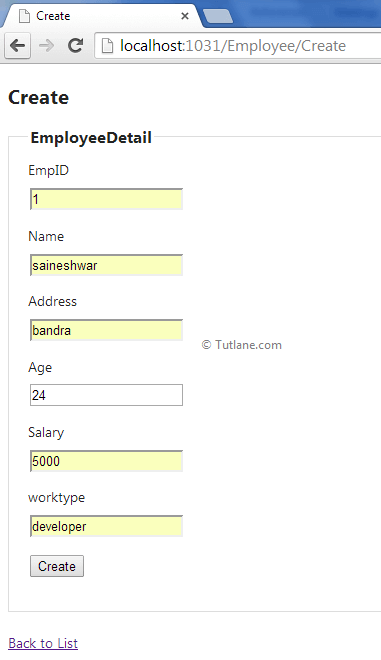 Create employee details in asp.net mvc application