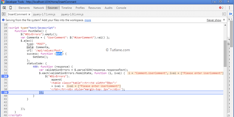 Debugging mode of Ajax method when Status Code is 400 in asp.net mvc web api validation example
