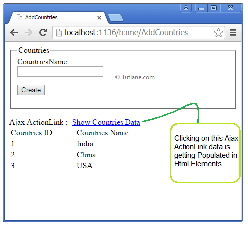 Displaying Data after Clicking on ActionLink (Show Countries Data).