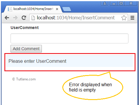 Final output displaying error when UserComment is empty in asp.net mvc web api validation example