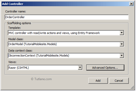 Give name to controller and select mvc controller with read write actions and other options in asp.net mvc