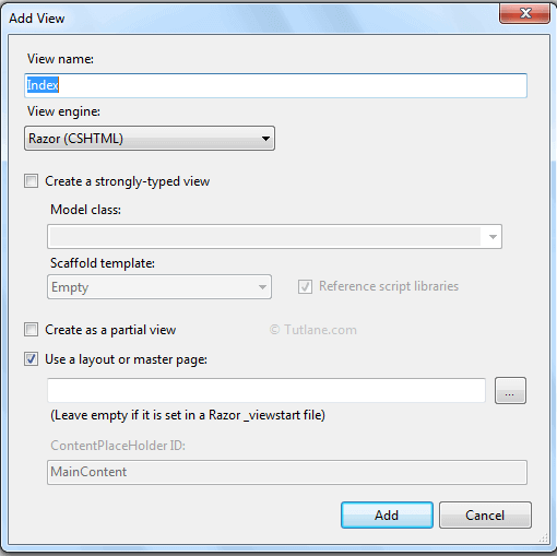 Give view name and model in add view template in asp.net mvc