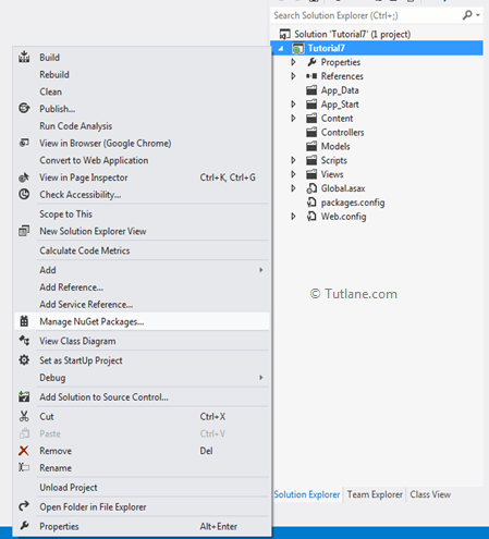 add manage nuget package in asp.net mvc application to install ado.net entity framework