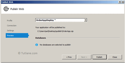 Preview to publish website using web deploy package in visual studio