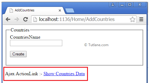 Displaying ActionLink (Show Countries Data) on AddCountries View