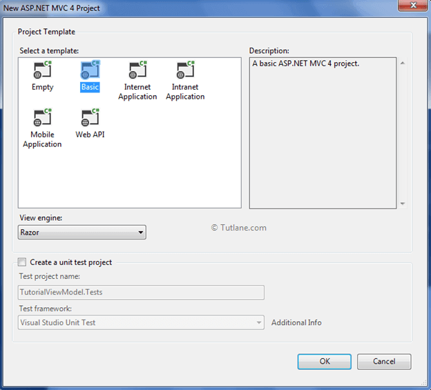 select basic template to create new application in asp.net mvc