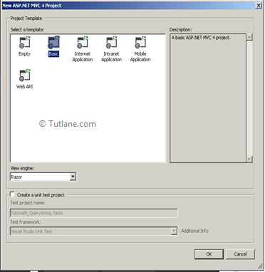 select basic template to create new application in asp.net mvc