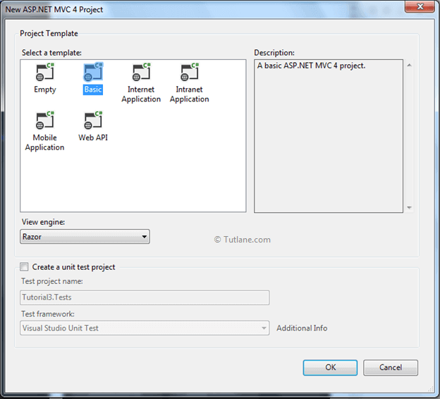 select basic template to create new application in asp.net mvc