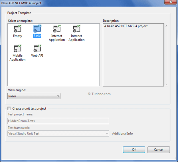 select basic template to create new application in asp.net mvc