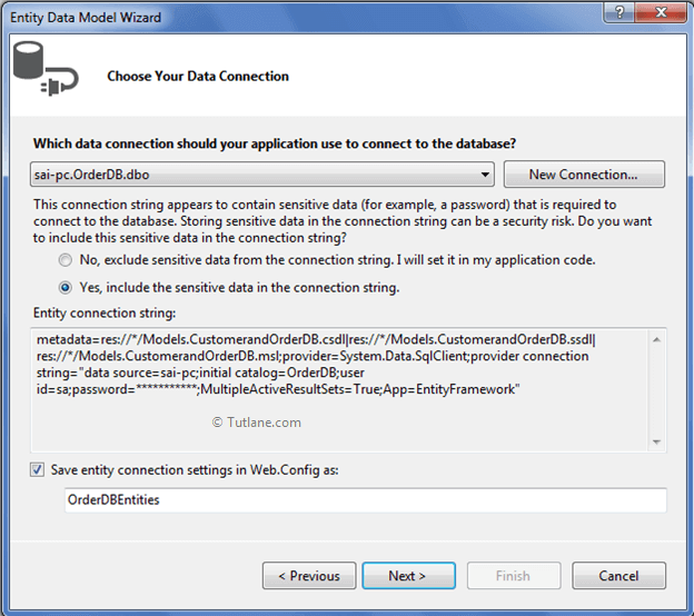 selecting entity data model new database connection in asp.net mvc