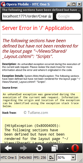 Server error in asp.net mvc application while viewing in opera mobile emulator