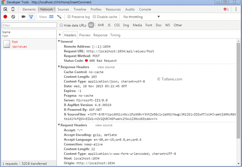 Source view of Request and Response while posting data in asp.net mvc web api validation application