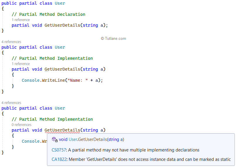 C# partial method with multiple implementations example