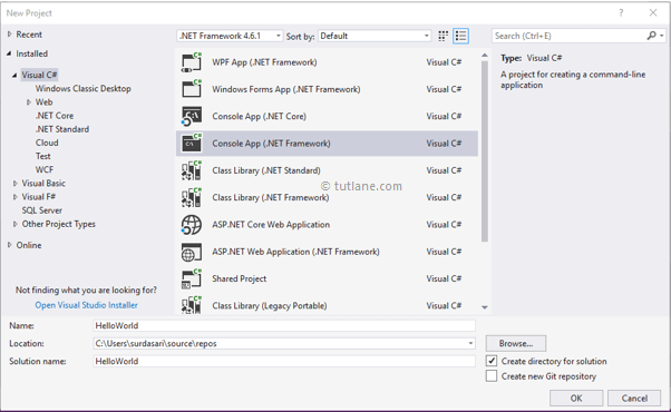 Select Visual C# and Console App to Create a C# Project using Visual Studio