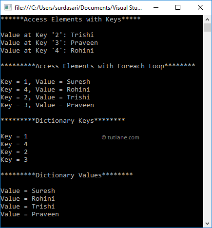 C# Access Dictionary Object Elements Example Result