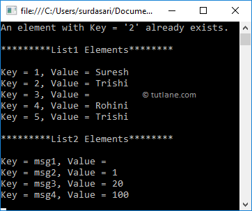 C# Add Elements to SortedList Example Result