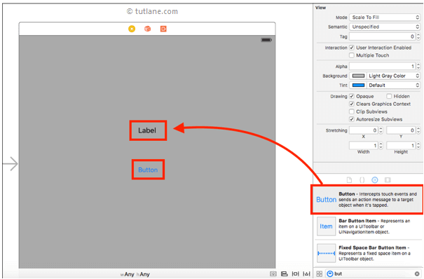 Add label, button controls to ios storyboard file in actions and outlets example