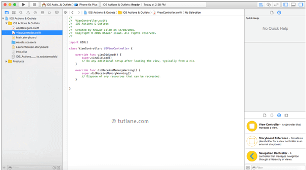 ios actions and outlets example viewcontroller.swift file structure