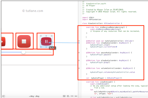 ios audio player app map controls to viewcontroller.swift file in xcode