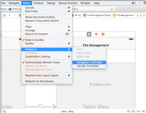ios file management app add navigation controller in xcode