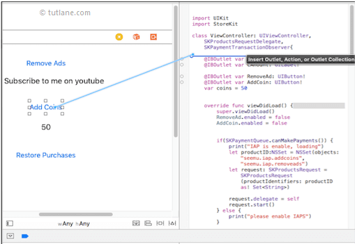 ios in-app purchase app map controls to viewcontroller.swift file in xcode