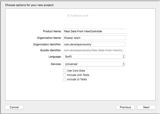 create new ios pass data between controllers project in xcode