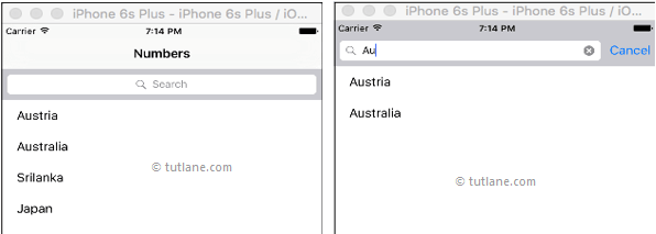 ios search bar in table view sample example