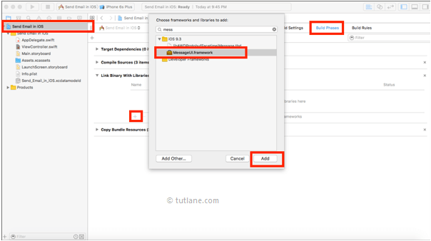 ios send email app add message ui framework in xcode