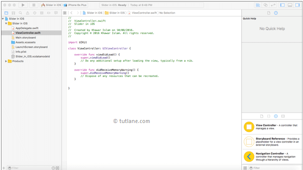 iOS Slider Example ViewController File in Xcode