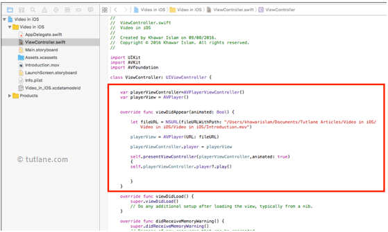 ios video player app add code to play videos in xcode