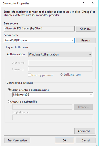 Enter all database server details to connect database in linq to entities
