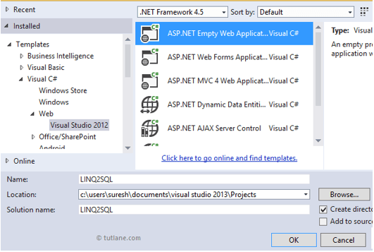 Select Asp.net empty web application for LINQ to SQL Project