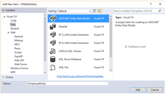 Add ado.net entity data model in linq to entities example